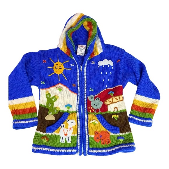 Gaupo Peruvian blue full zip hooded sweater with animal scene Kids 6